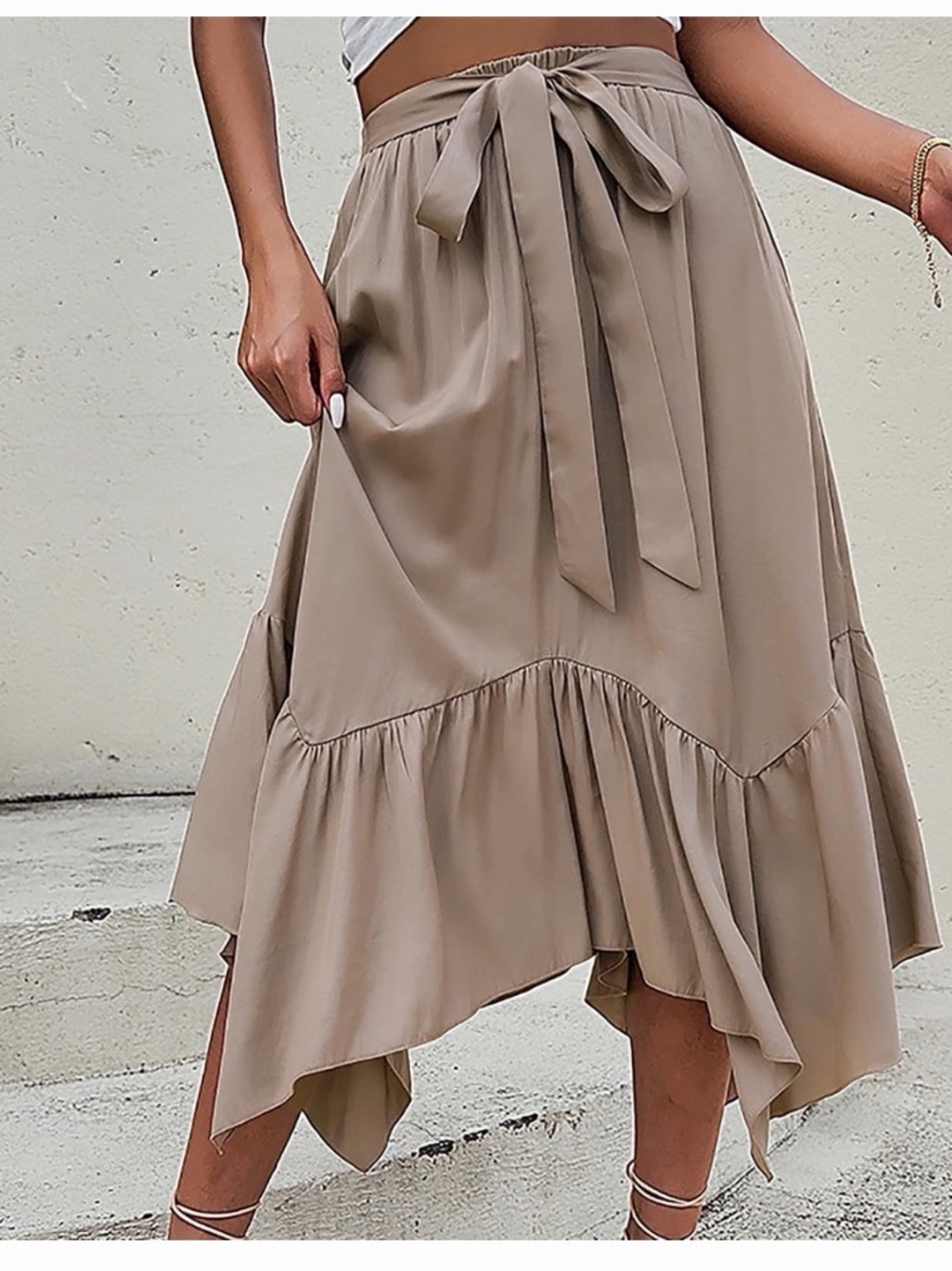 HALARA Taupe Asymmetrical Tie-Waist Midi Skirt